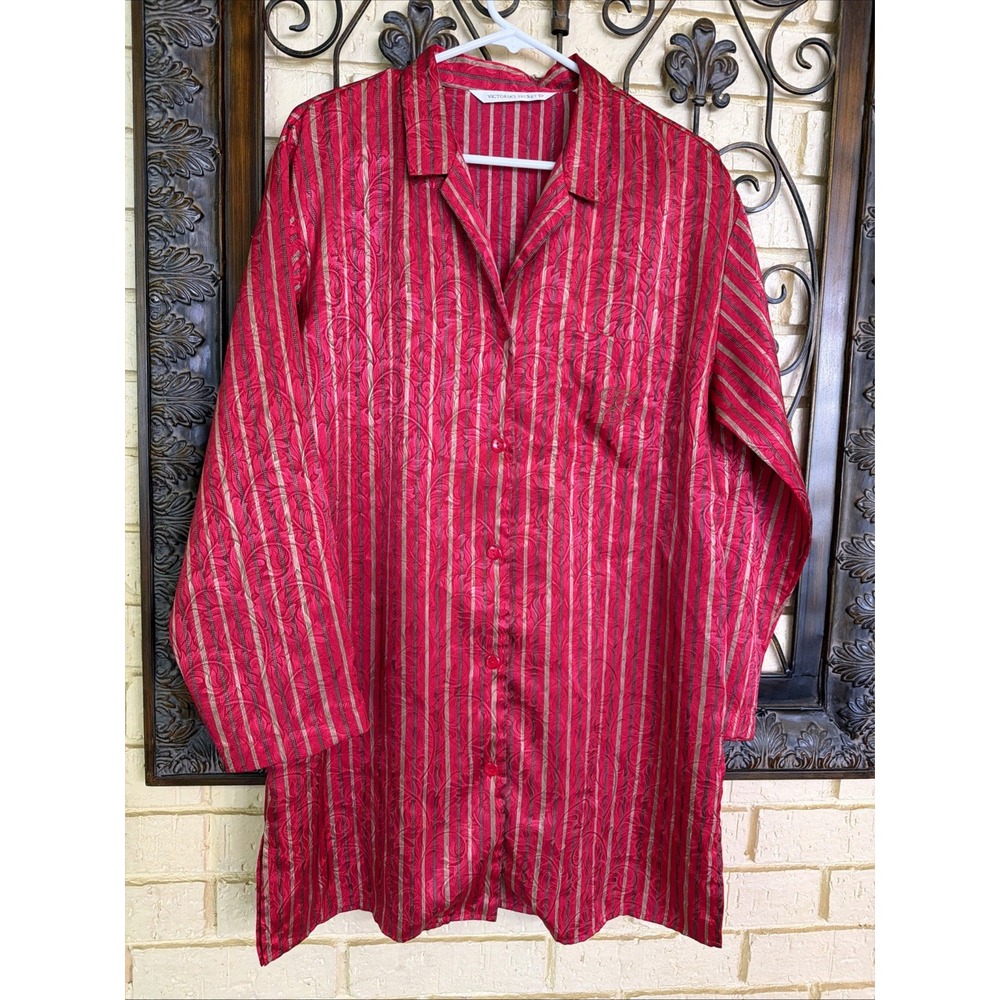 Vintage 90s Victoria Secret Nightshirt Nightgown Button Up Satin Red Gold Sz M